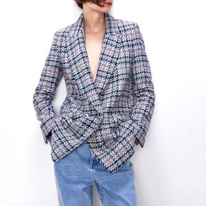 ZARA Plaid Double Breasted Tweed Blazer
